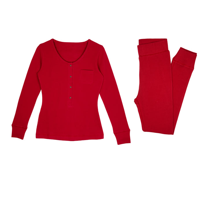Women's Organic Thermal Lounge Set in Cherry, a bright red color.
