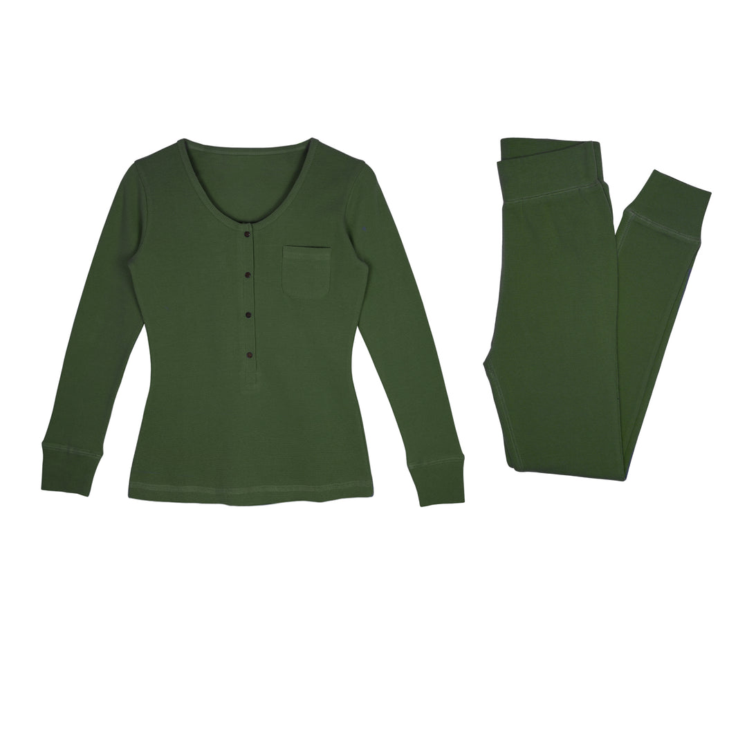 Women's Organic Thermal Lounge Set in Forest, a deep green color.