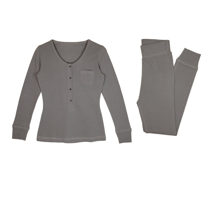Women's Organic Thermal Lounge Set in Mist, a medium gray color.
