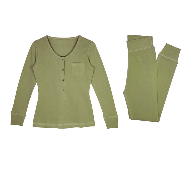 Women's Organic Thermal Lounge Set in Sage, a medium green color.