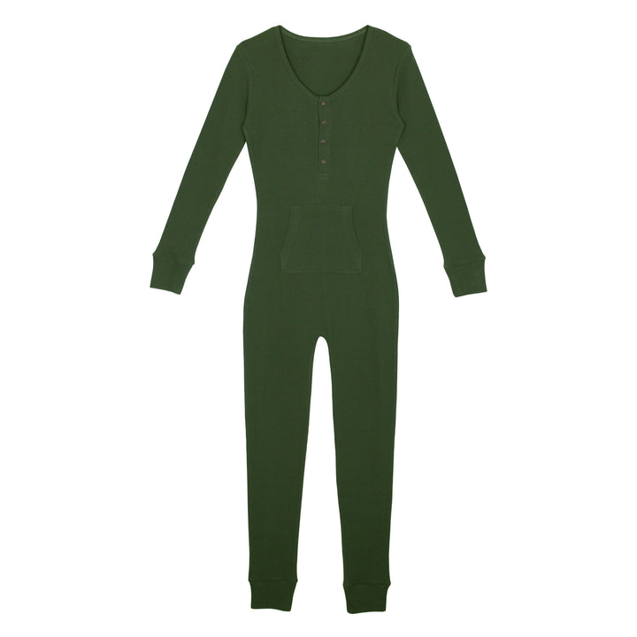 Organic Thermal Women's Onesie in Forest, a deep green color.