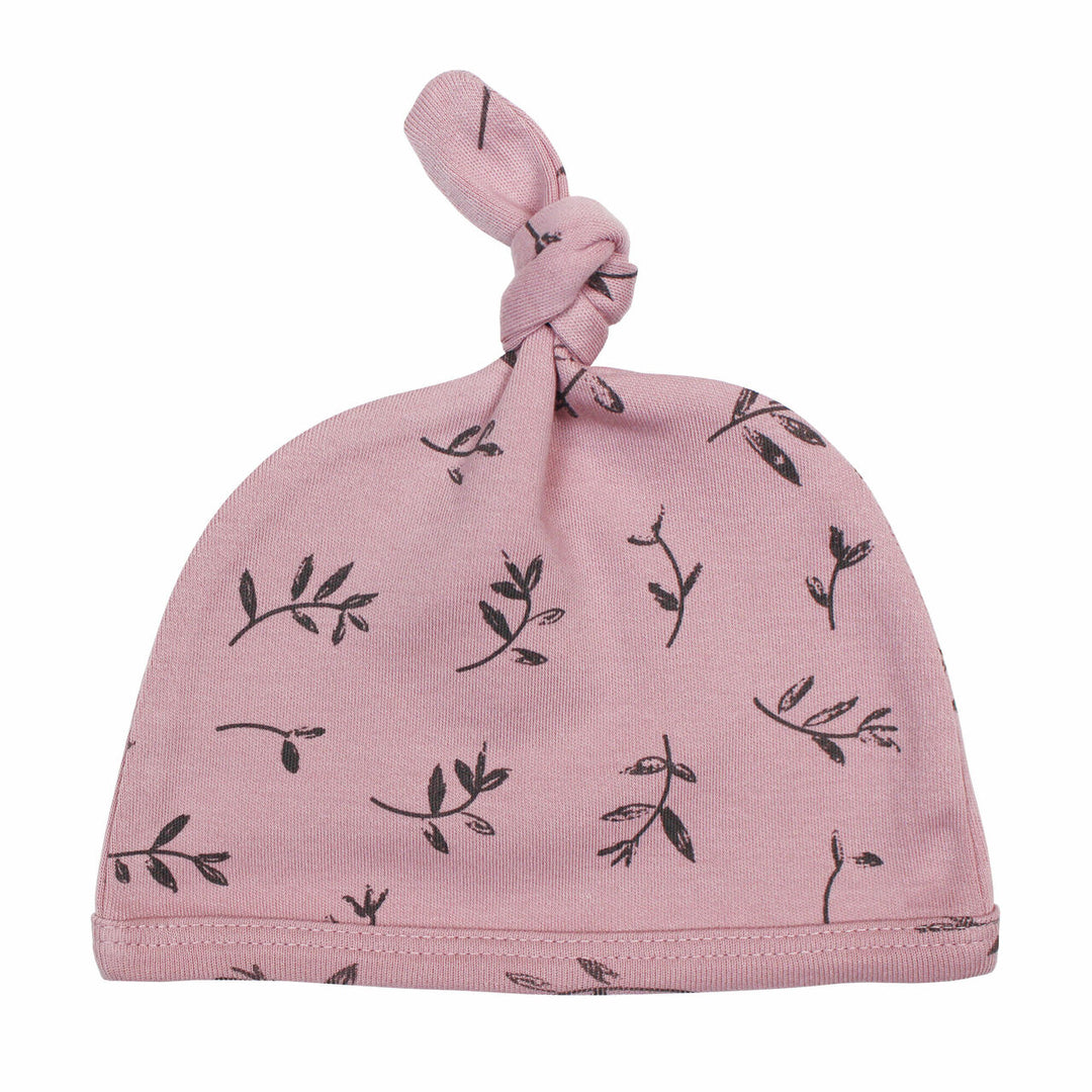 Printed Top-Knot Hat in Blossom Flower, medium gray flower print on pink background.