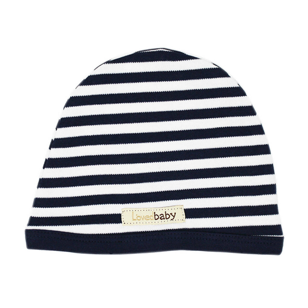 Organic Cute Cap in Navy/White, a dark blue and white stripe pattern.