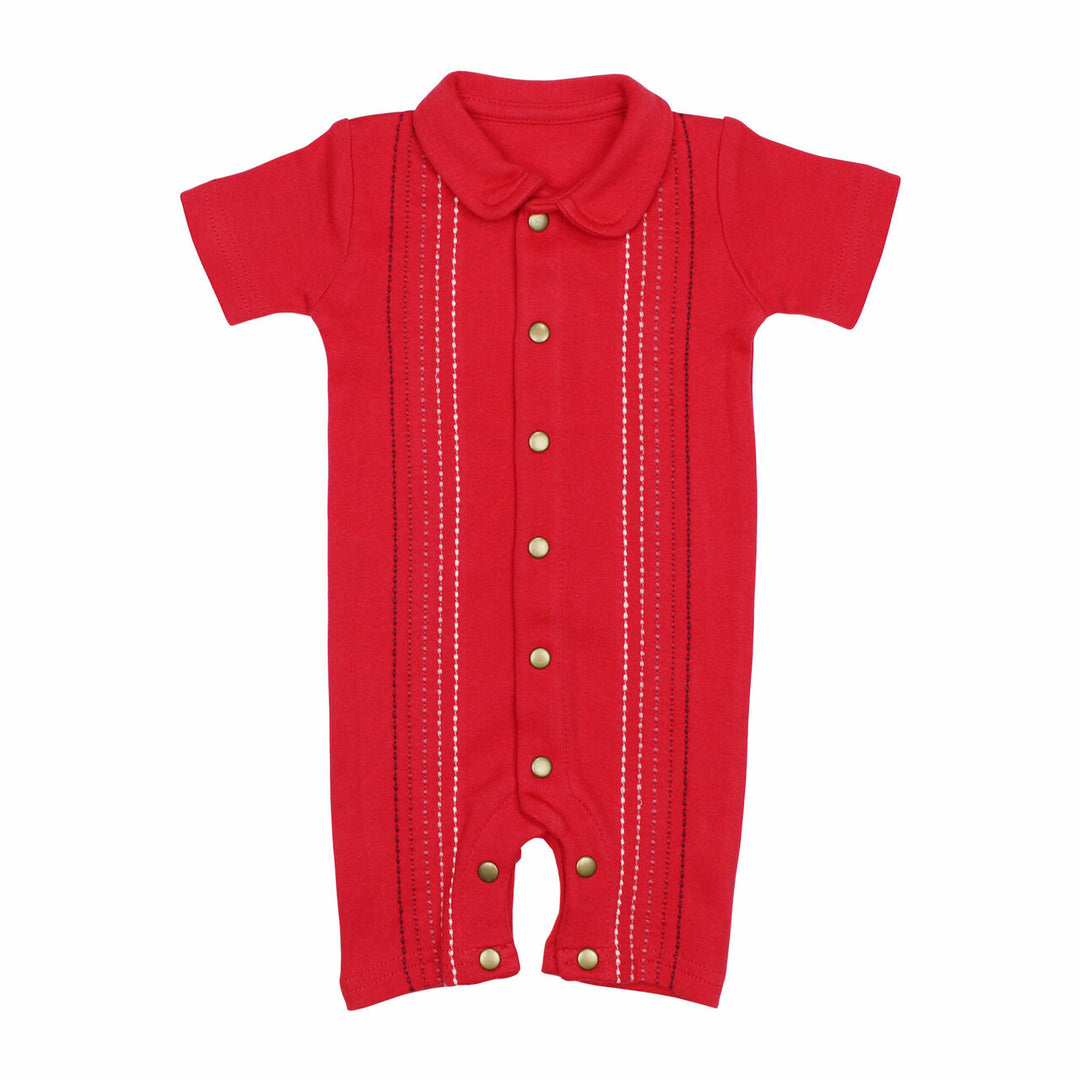Embroidered S/Sleeve Romper in Chili Pepper Dash, an red base fabric with light to dark red embroiderred dashes.