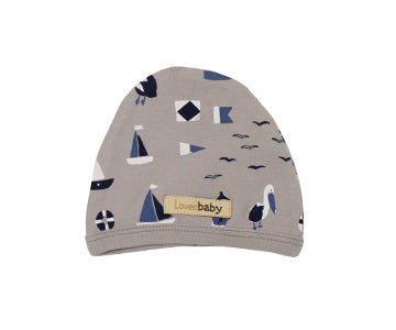 Organic Cute Cap in Light Gray Sail, a light gray fabric with sailing prints.