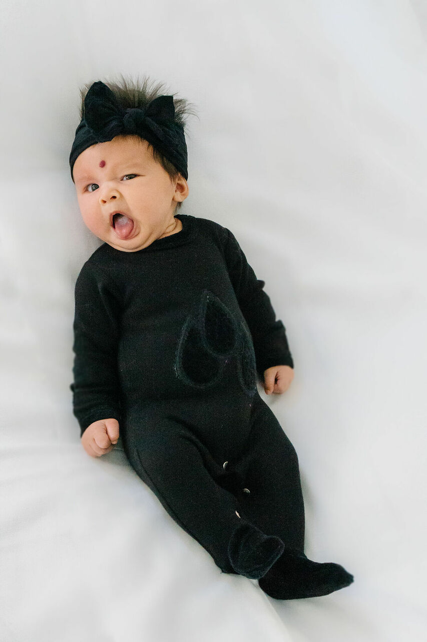 Velveteen Graphic Baby Footie in Black, Lifestyle