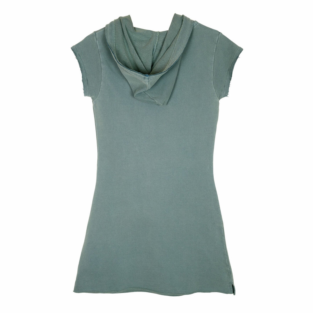 Back side of Women's French Terry Hoodie Dress in Jade.