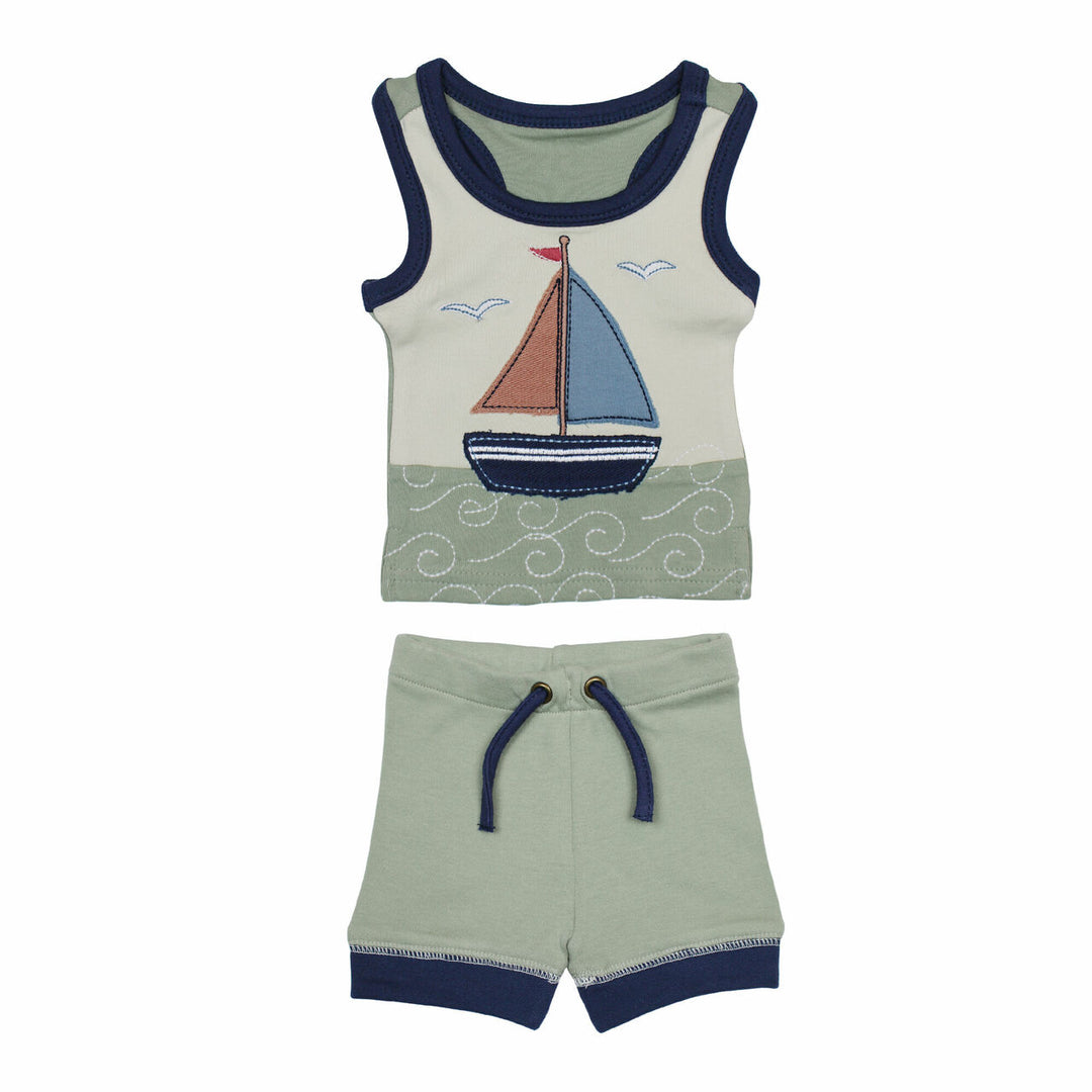 Kids' AppliquÃ© Tank & Bike Short Set in Sailboat, a sailboat motif in off white, pink and blues.