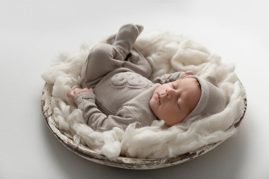 Velveteen Graphic Baby Footie in Light Gray, Lifestyle