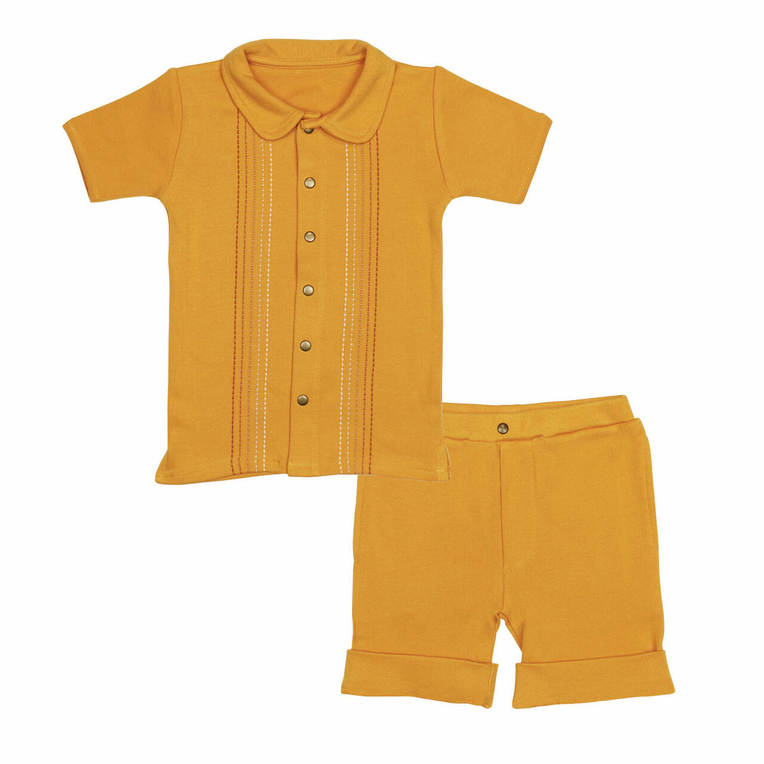 Kids' Embroidered Shirt & Shorts Set in Tangerine Dash, an orange base fabric with light to dark orange embroiderred dashes.