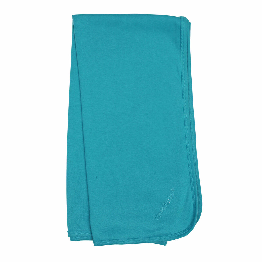 Organic Swaddling Blanket in Teal, a greenish blue color.