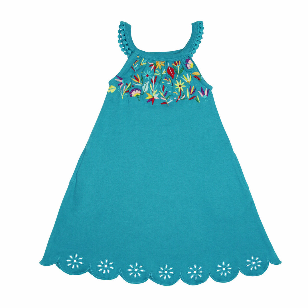 Kids' Embroidered Twirl Dress w/Pockets in Teal Floral, a greenish blue base fabric with multi colored embroiderred flowers.
