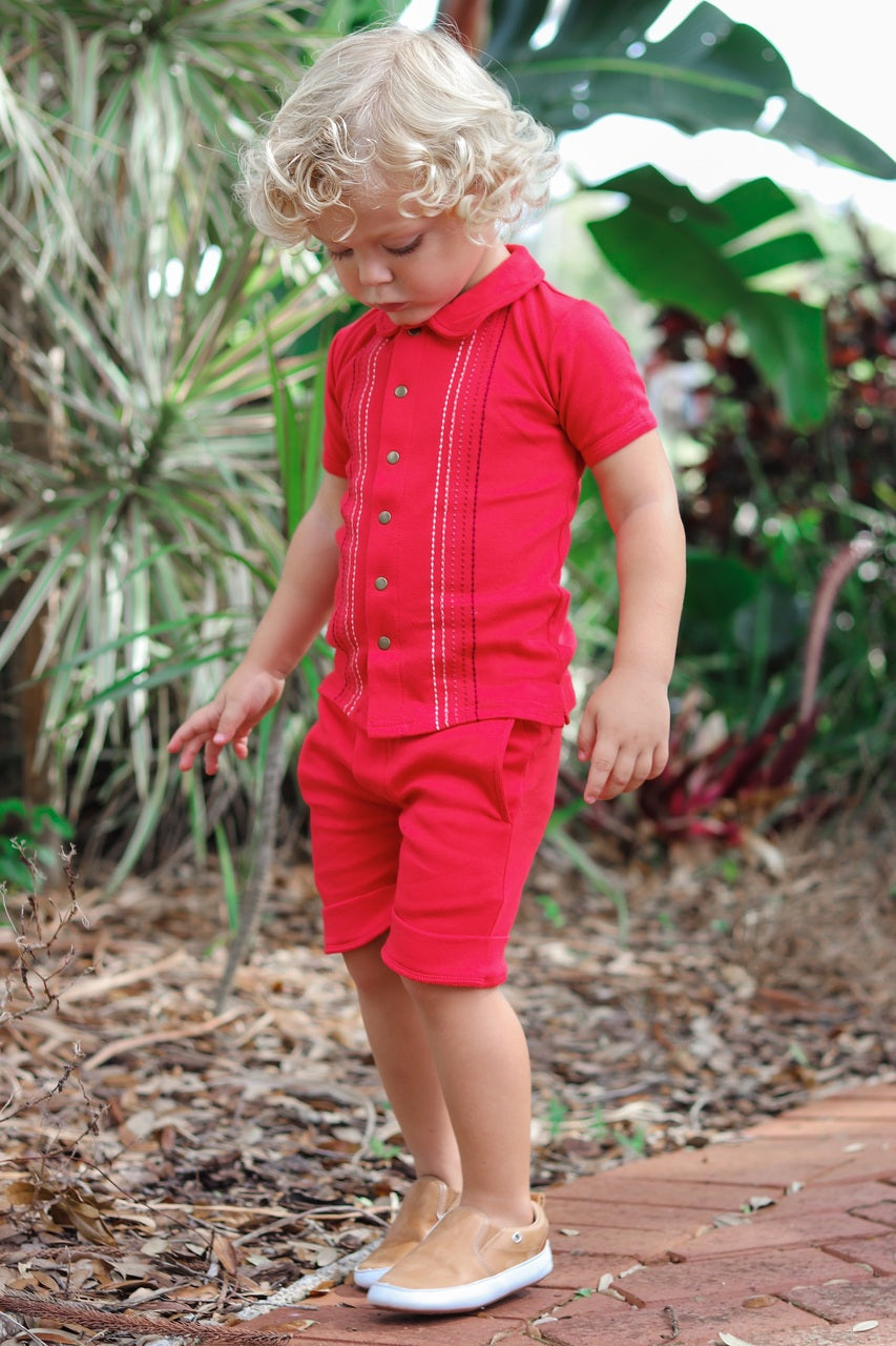 Child wearing Kids' Embroidered Shirt & Shorts Set in Chili Pepper Dash.