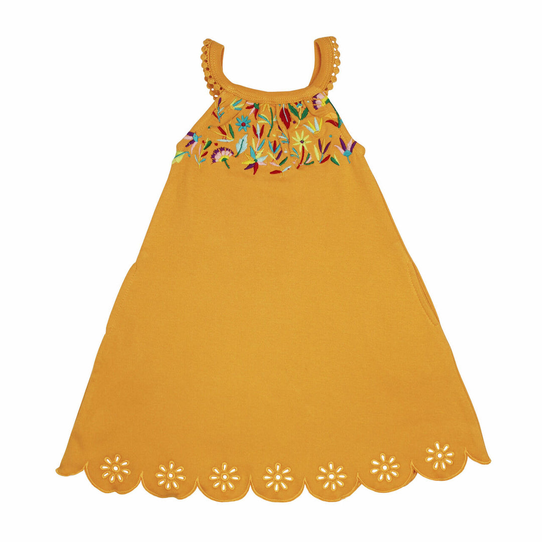 Embroidered Twirl Dress w/Pockets in Tangerine Floral, an orange base fabric with multi colored embroiderred flowers.