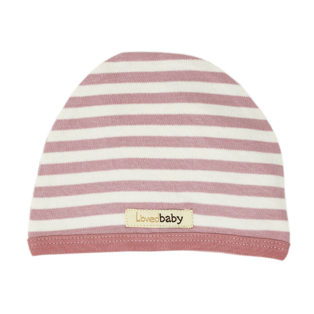 Organic Cute Cap in Mauve/Beige, a pink and beige stripe pattern.
