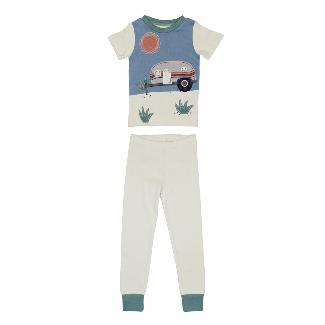 Kids' AppliquÃ© Short Sleeve PJ Set in Camper, a camper motif in gray and blue.