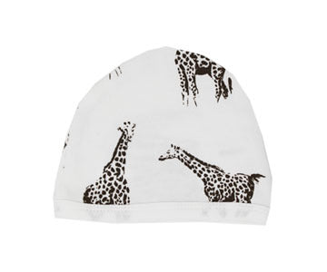 Organic Cute Cap in White Giraffe, a white fabric with brown giraffe print.