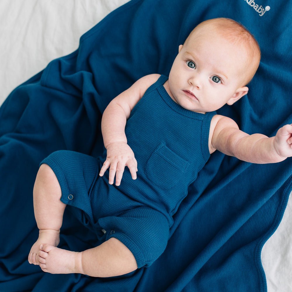 Organic Thermal Romper in Sapphire, Lifestyle