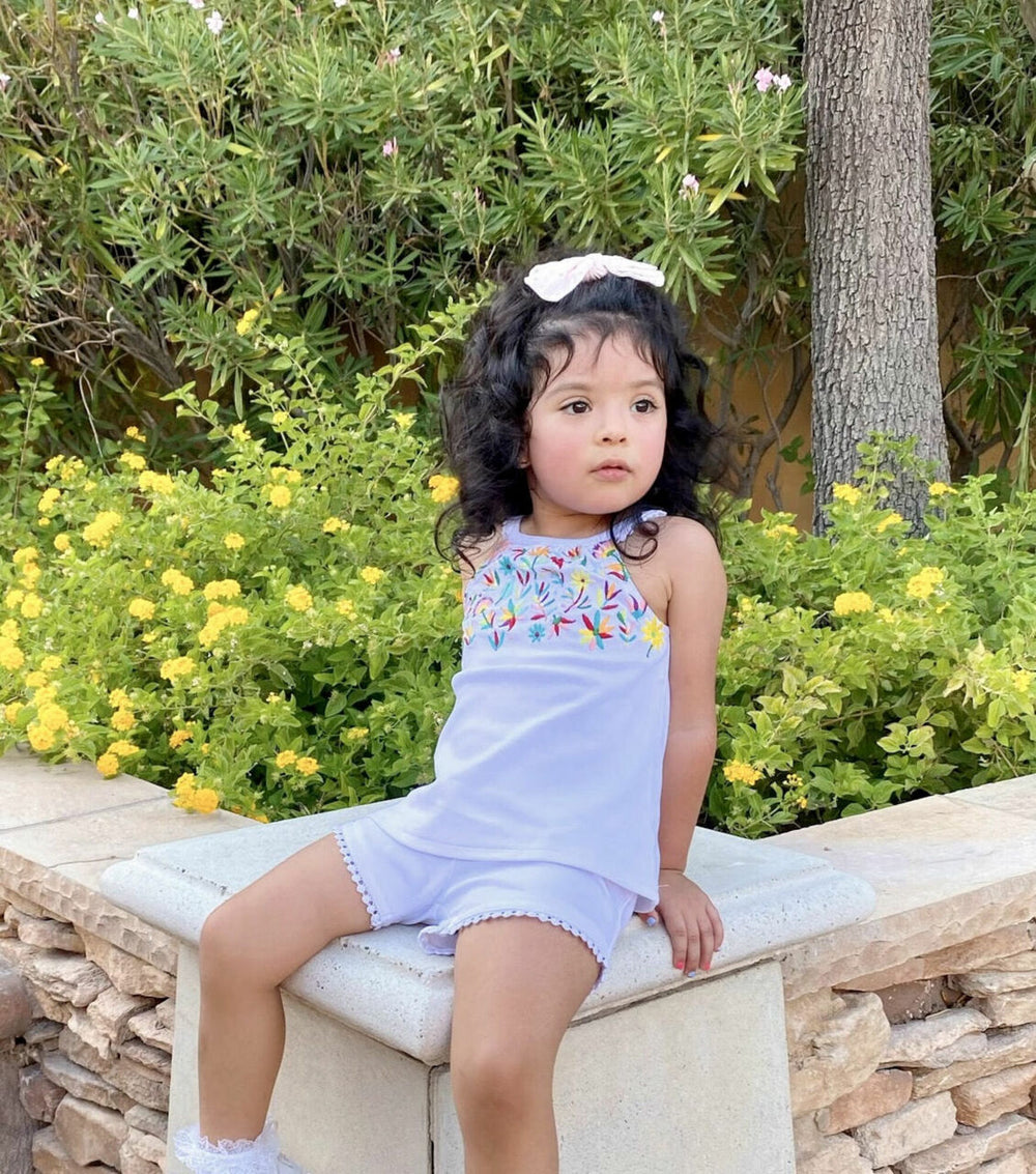 Child wearing Kids' Embroidered Tank & Tap Short Set in White Floral.