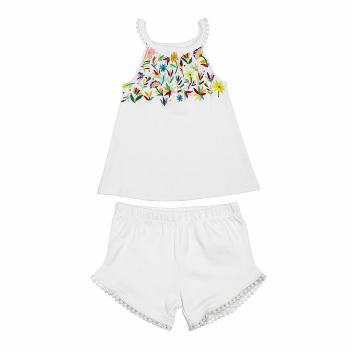Kids' Embroidered Tank & Tap Short Set in White Floral, a white base fabric with multi colored embroiderred flowers.