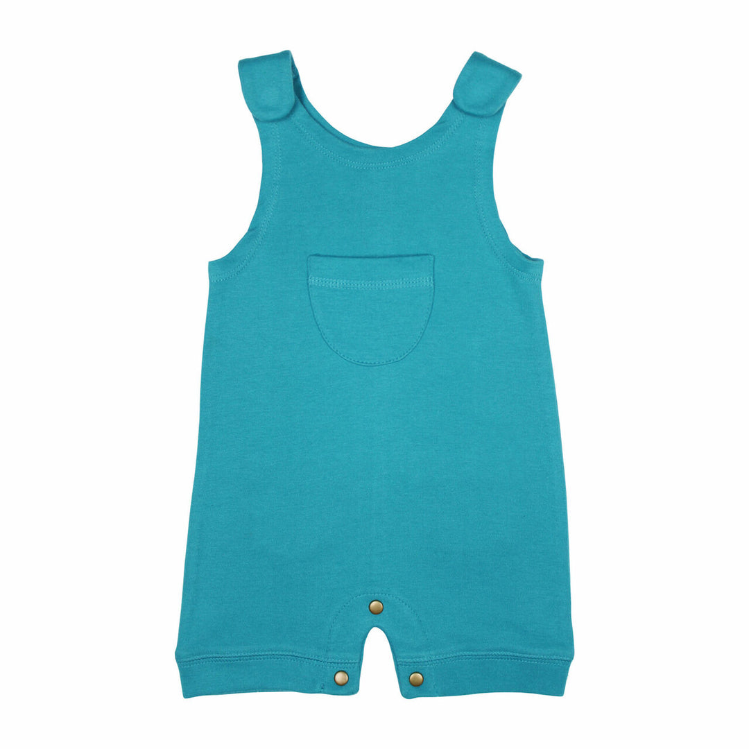 Organic Sleeveless Romper in Teal, a greenish blue color.