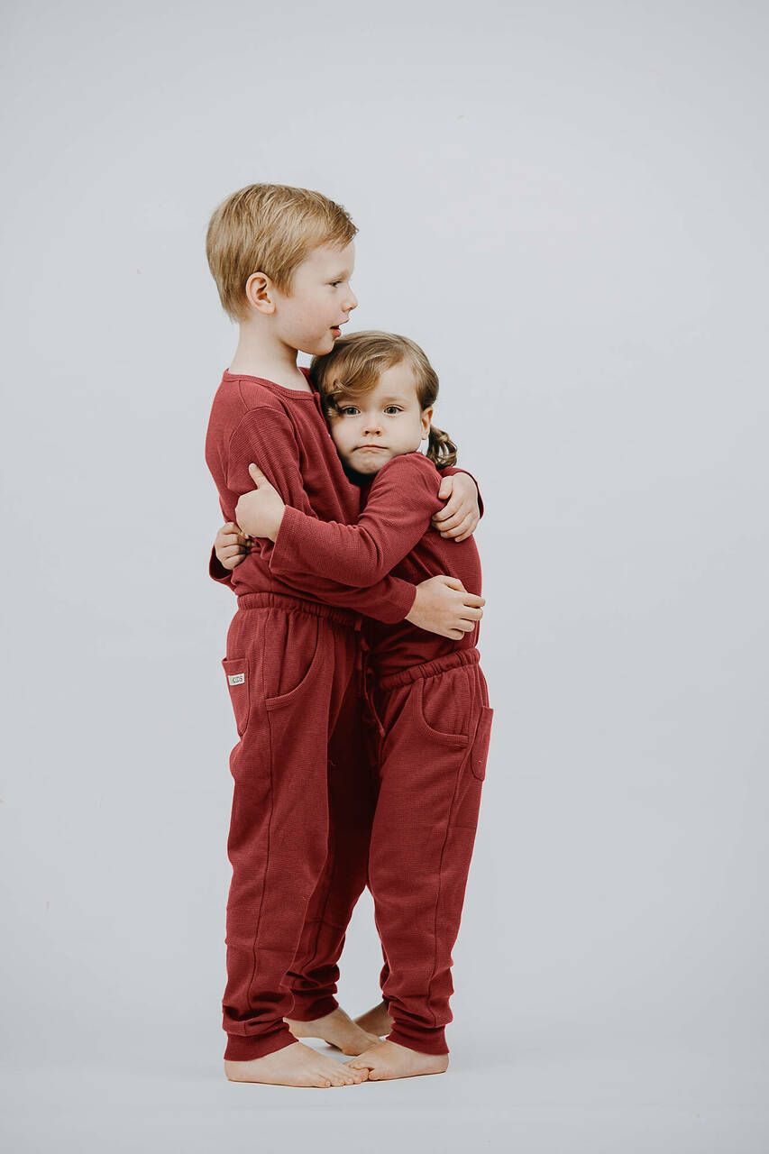 Organic Thermal Kids' Jogger Pants in Brick, Lifestyle
