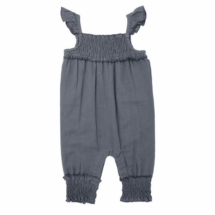 Organic Kids' Muslin Sleeveless Romper in Moonstone, a gray blue color.
