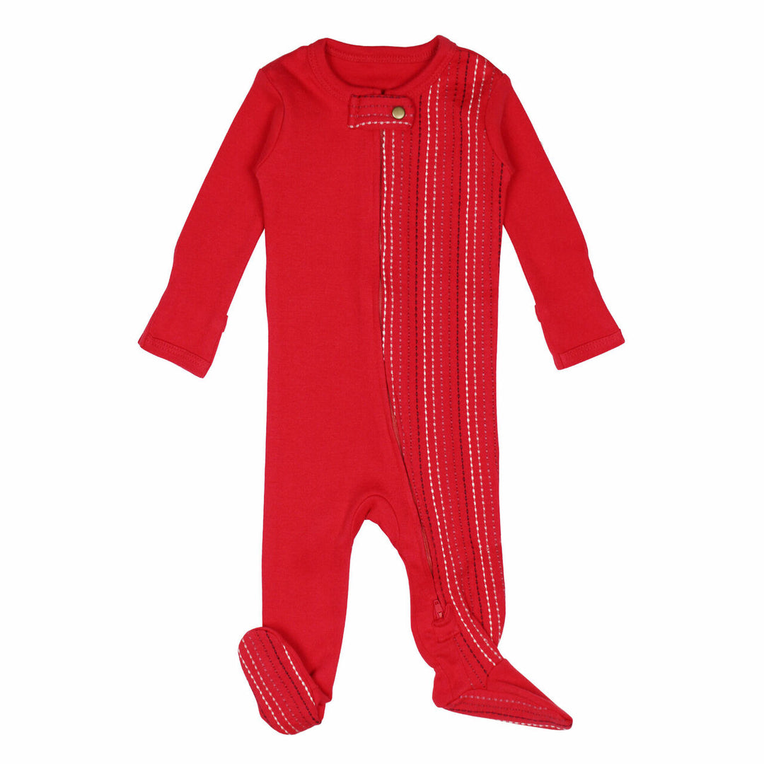 Embroidered Zipper Footie in Chili Pepper Dash, an red base fabric with light to dark red embroiderred dashes.