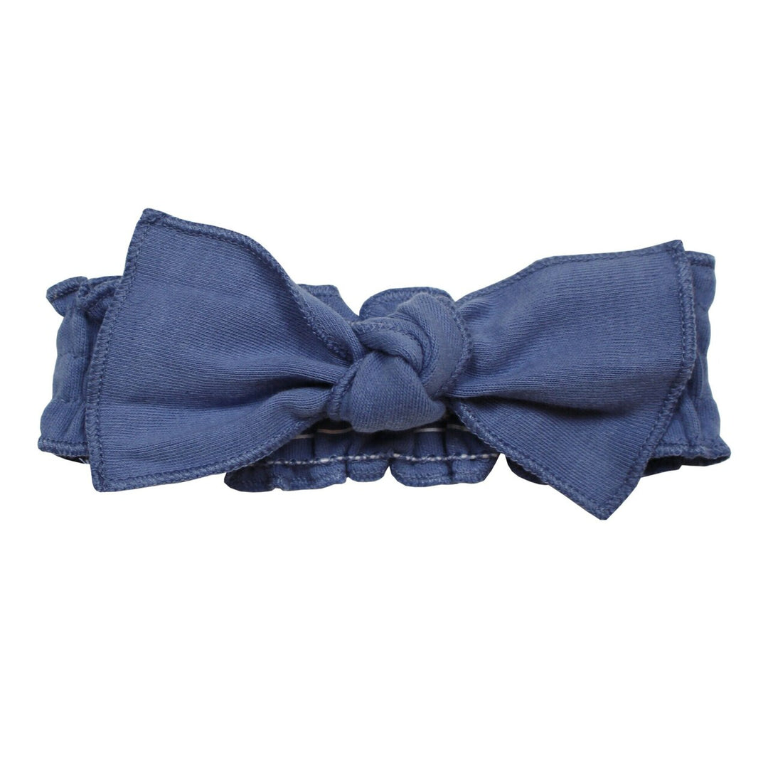 Organic Smocked Tie Headband in Slate, a medium blue color.