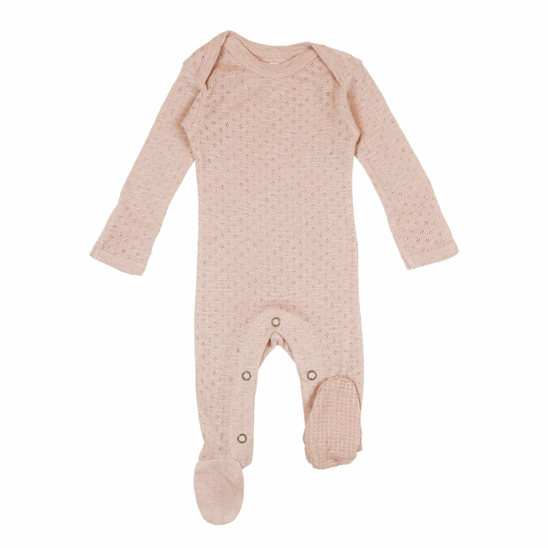Pointelle Lap-Shoulder Footie in Mermaid, a shimmery light pink color.
