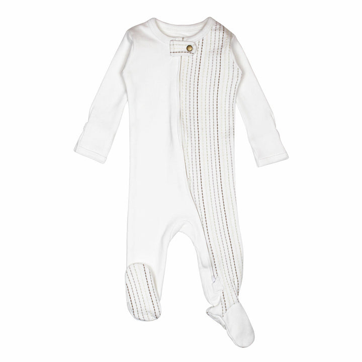 Embroidered Zipper Footie in White Dash, a white base fabric with light tan and gray embroidered dashes.