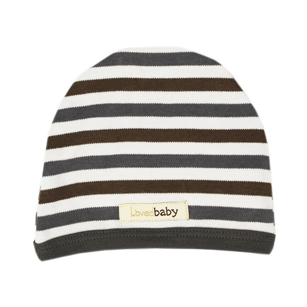 Organic Cute Cap in Gray Stripe, a gray and brown stripe pattern.