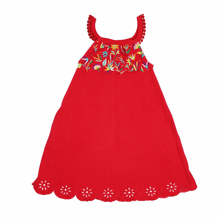 Kids' Embroidered Twirl Dress w/Pockets in Chili Pepper Floral, a red base fabric with multi colored embroiderred flowers.