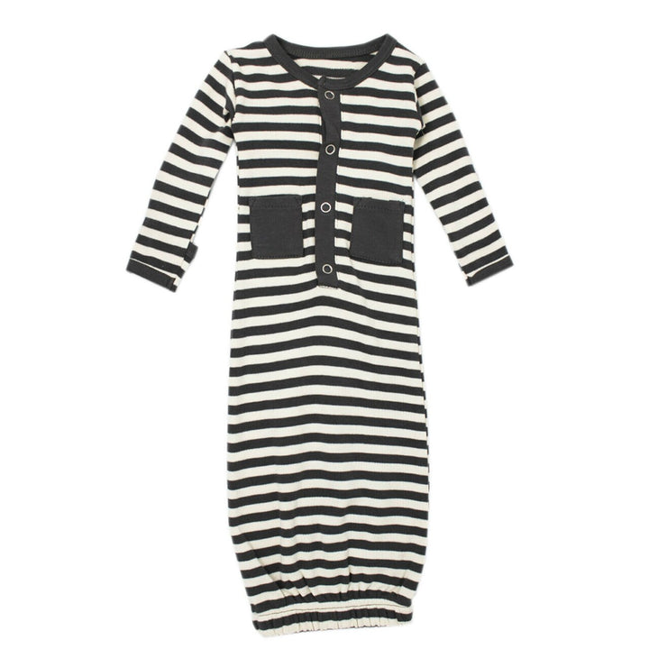Organic Gown in Gray Stripe, a gray and brown stripe pattern.