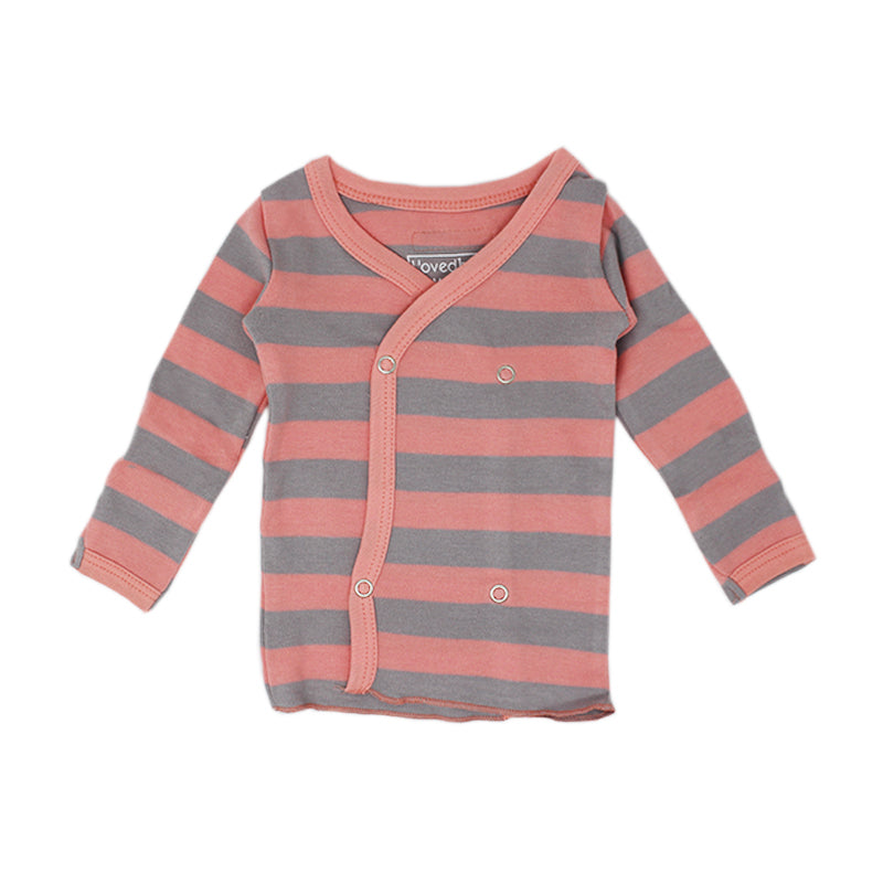 Organic Wrap Shirt in Coral/Light Gray Stripe, Flat