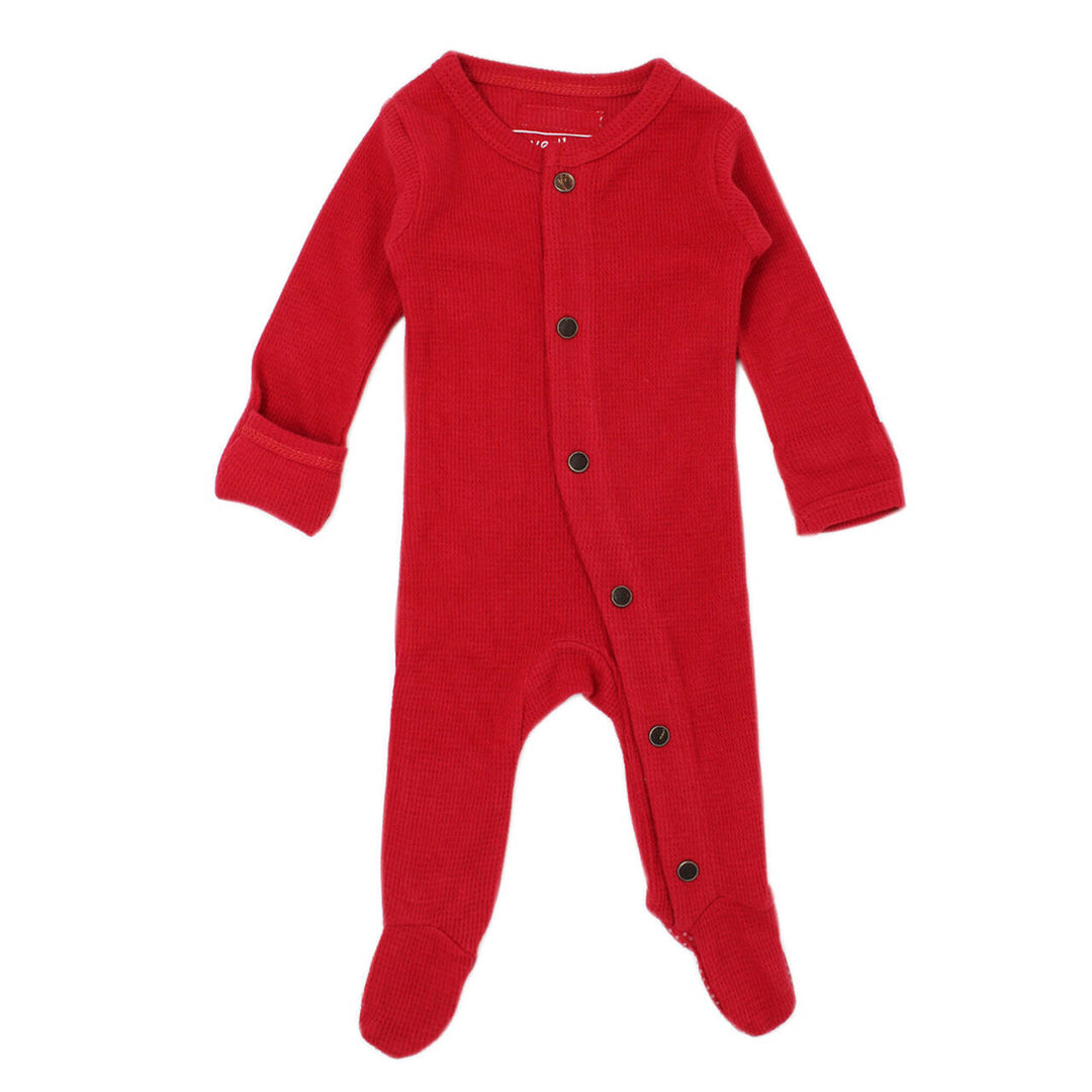Organic Thermal Footie in Cherry, a bright red color.