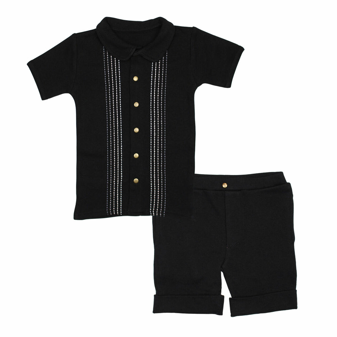 Kids' Embroidered Shirt & Shorts Set in Black Dash, an black base fabric with light to dark gray embroiderred dashes.