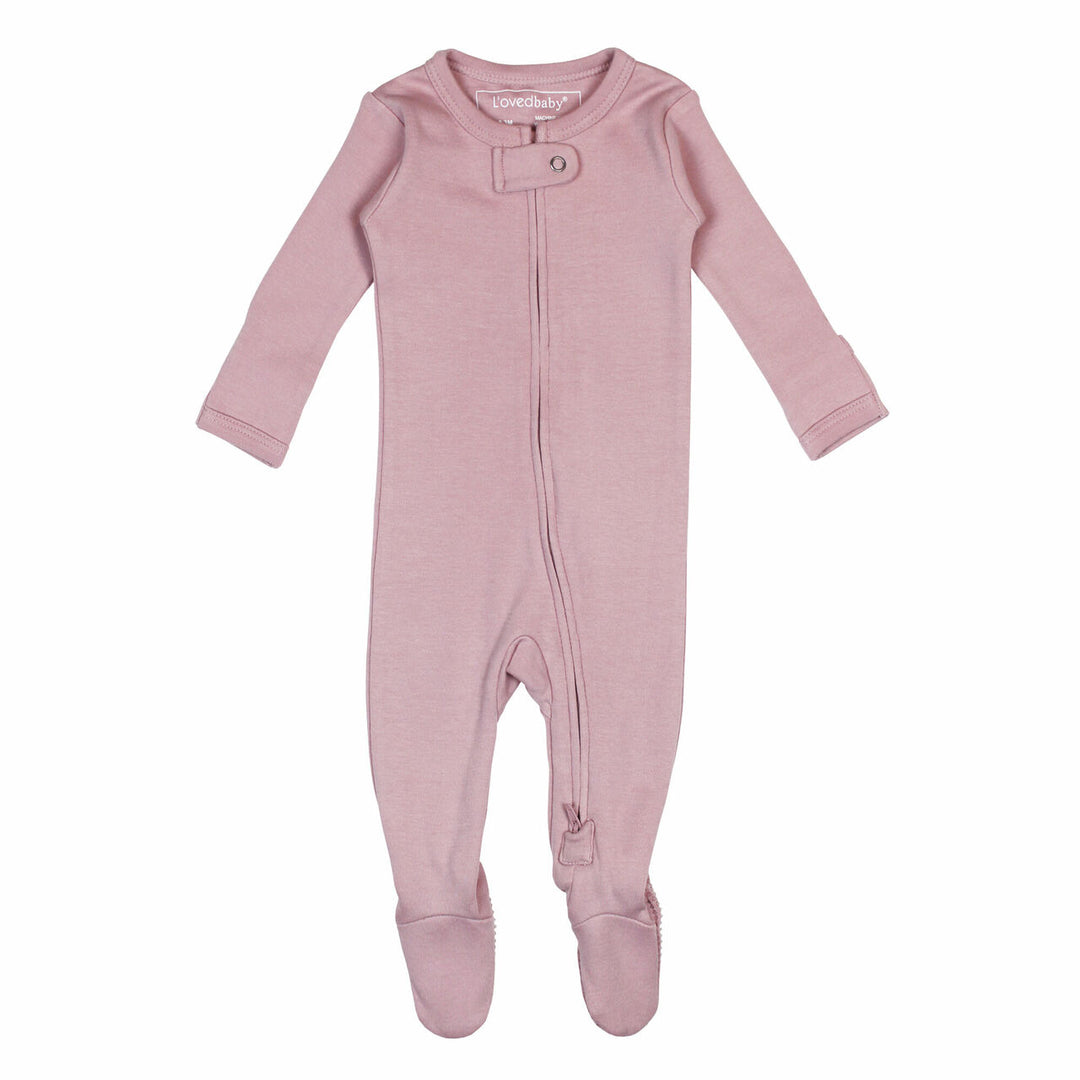 Organic Zipper Footie in Blossom, a soft pink color.