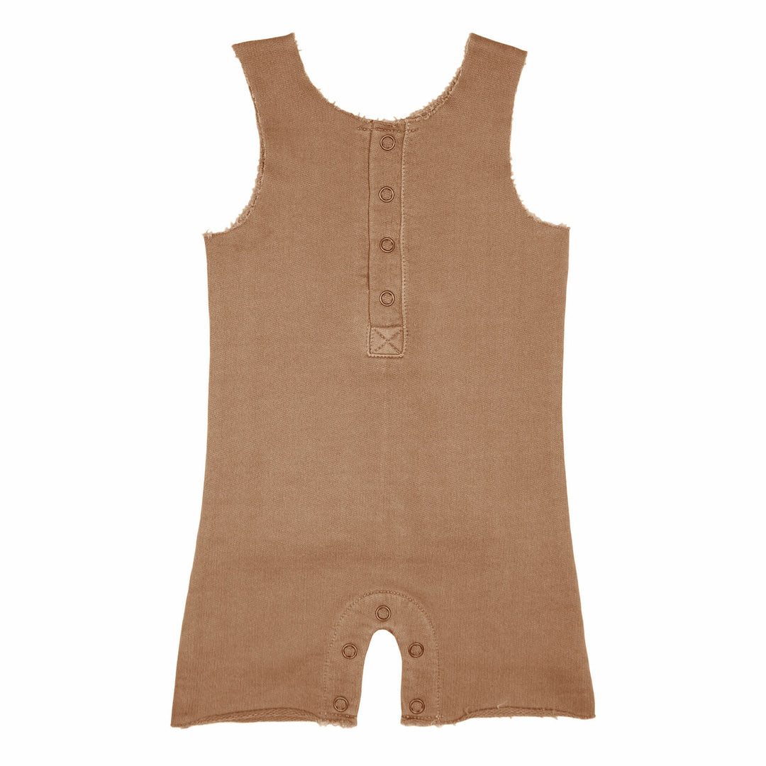 French Terry 2-Sided Romper in Adobe, a tan clay color.