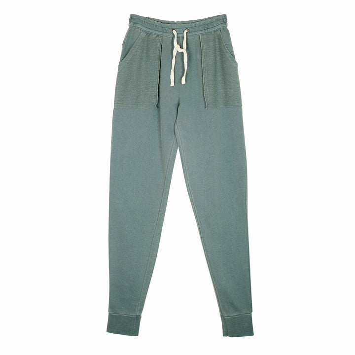 Women's French Terry Jogger Pants in Jade, a blue green color.