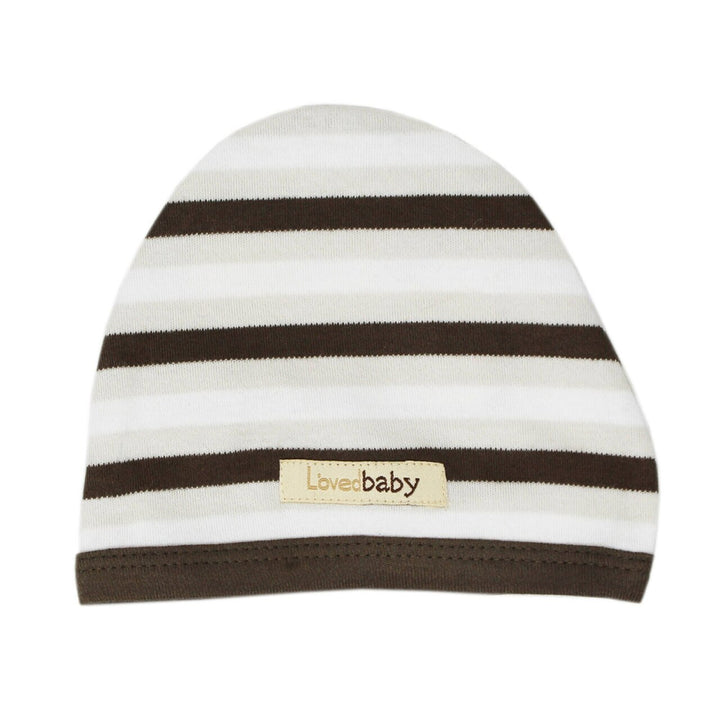 Organic Cute Cap in Bark Stripe, a white, brown and off white stripe pattern .