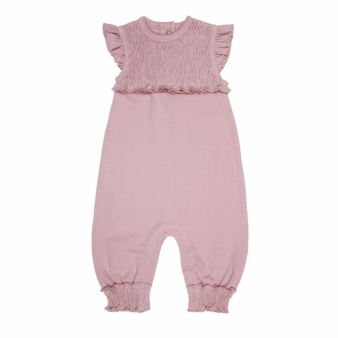 Smocked S/Sleeve Romper in Blossom, a soft pink color.