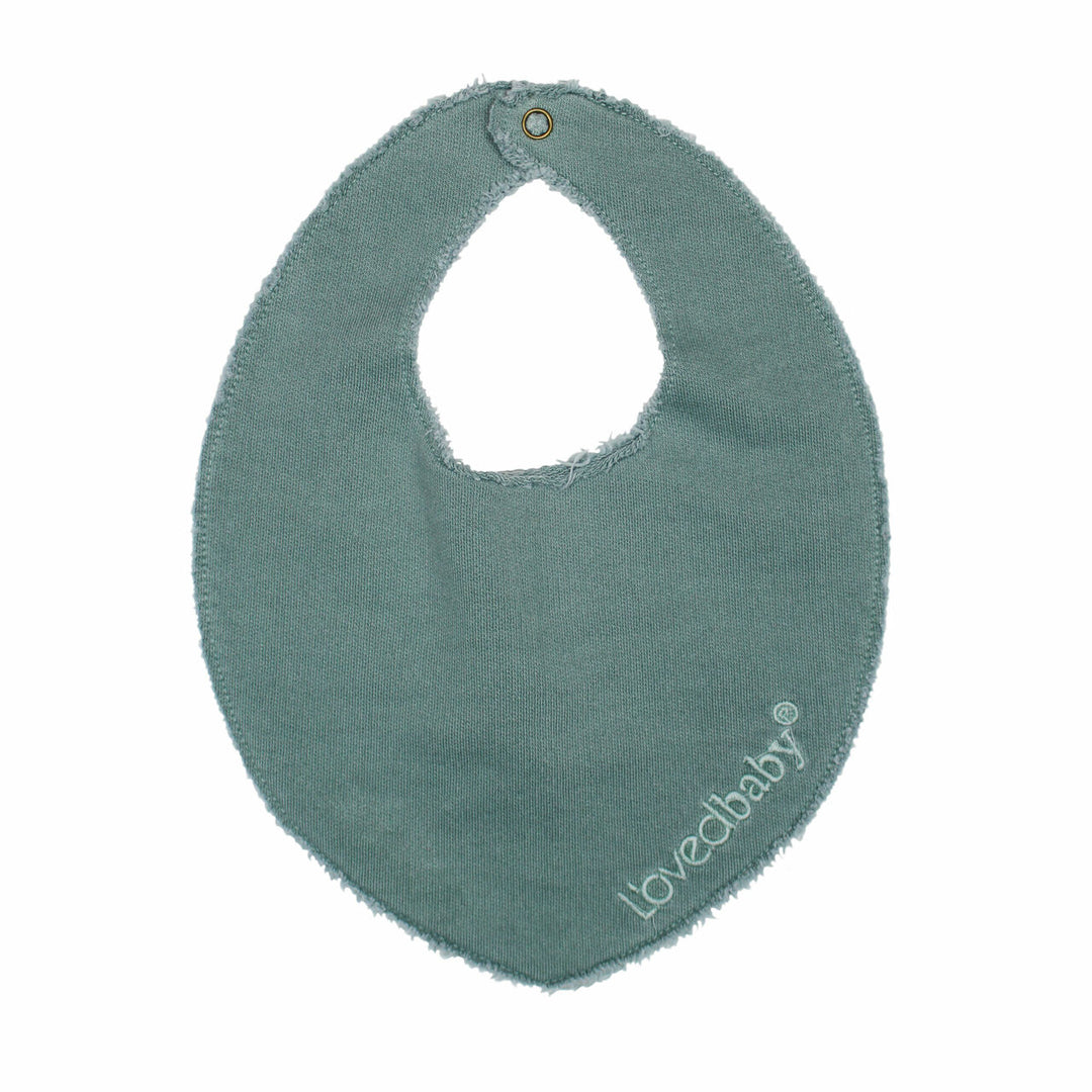 French Terry Reversible Bib in Jade, a blue green color.