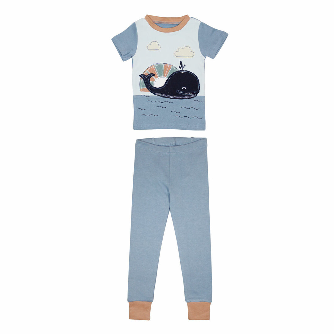 Kids' AppliquÃ© Short Sleeve PJ Set in Whale, a whale motif in blue and tan.