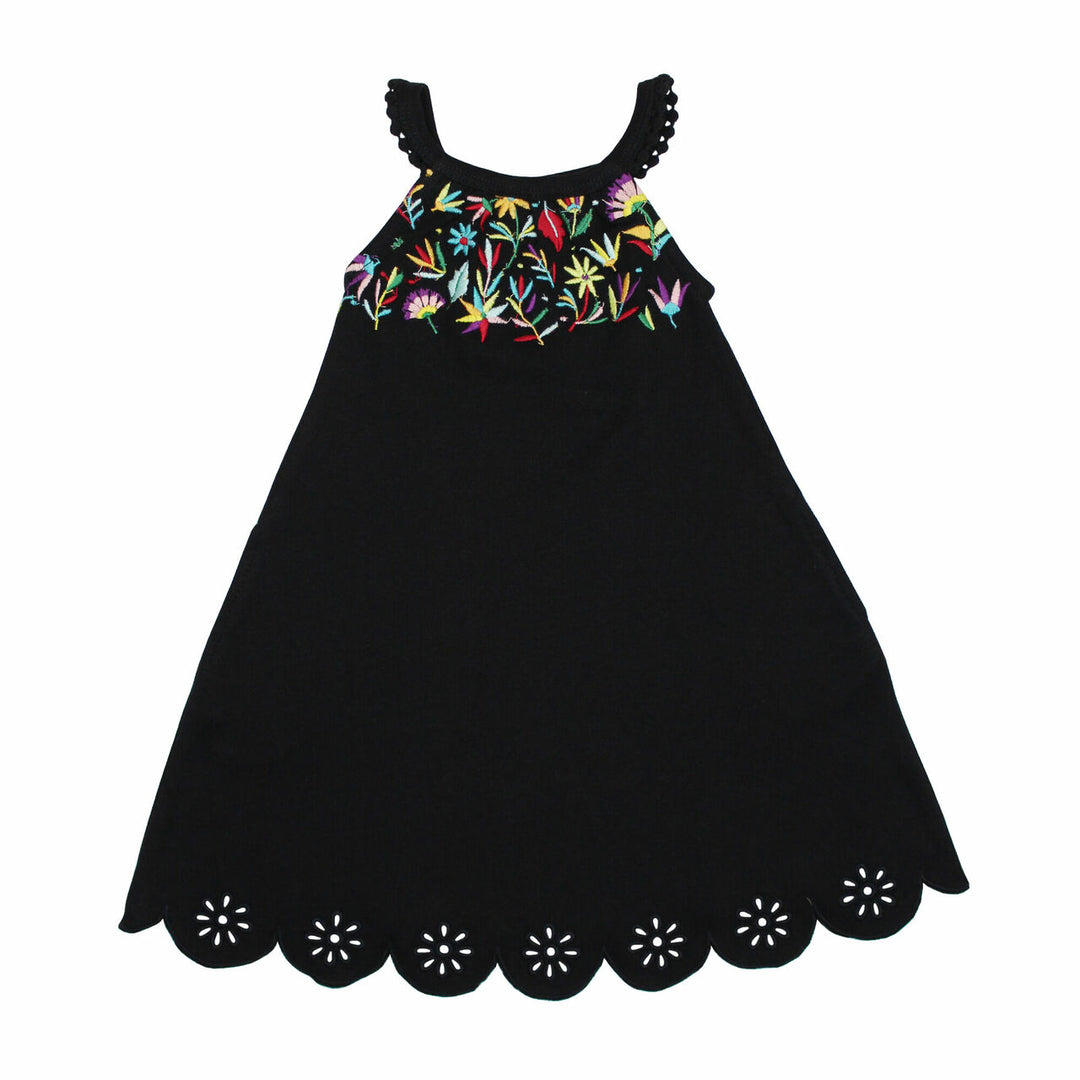 Kids' Embroidered Twirl Dress w/Pockets in Black Floral, a black base fabric with multi colored embroiderred flowers.