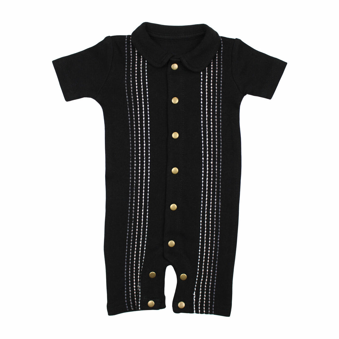 Embroidered S/Sleeve Romper in Black Dash, an black base fabric with light to dark gray embroiderred dashes.