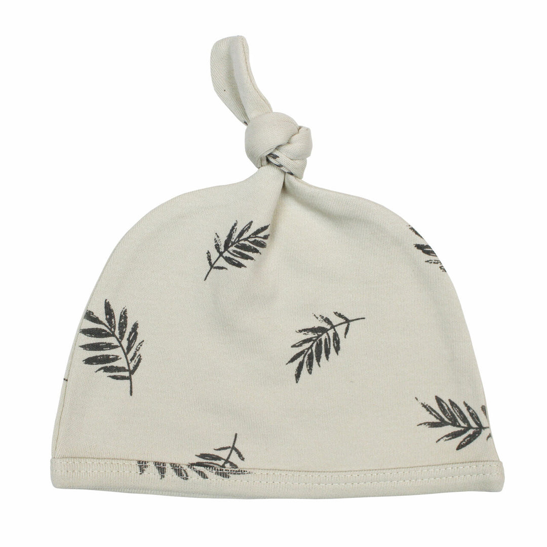 Printed Top-Knot Hat in Stone Fern, medium gray fern print on off white background.