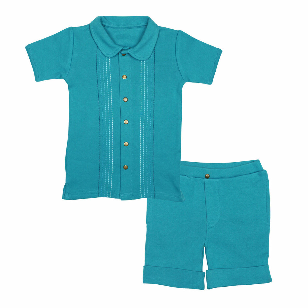 Kids' Embroidered Shirt & Shorts Set in Teal Dash, a greenish blue base fabric with light to dark blue embroiderred dashes.