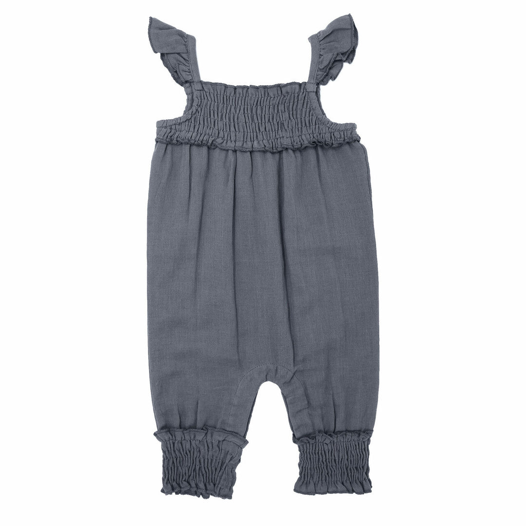 Muslin Sleeveless Romper in Moonstone, a gray blue color.