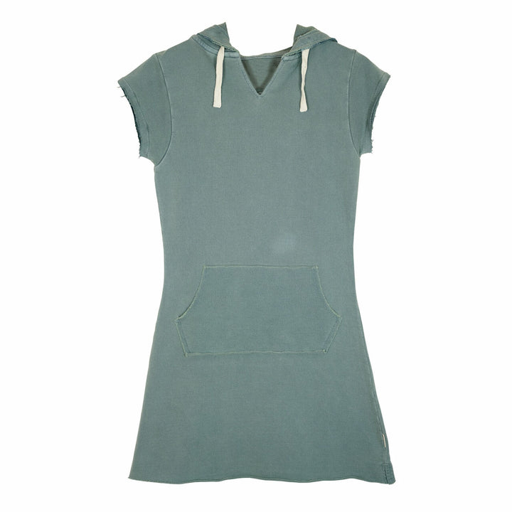 Womens' French Terry Hoodie Dress in Jade, a blue green color.